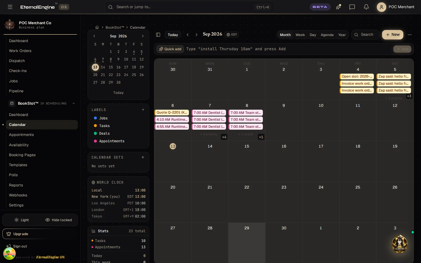 Calendar view with quotes, jobs and appointments scheduled across the month
