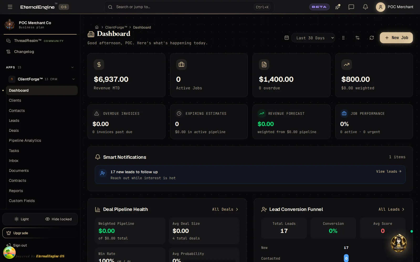 CRM dashboard with revenue this month, deal pipeline health and a 17-lead conversion funnel