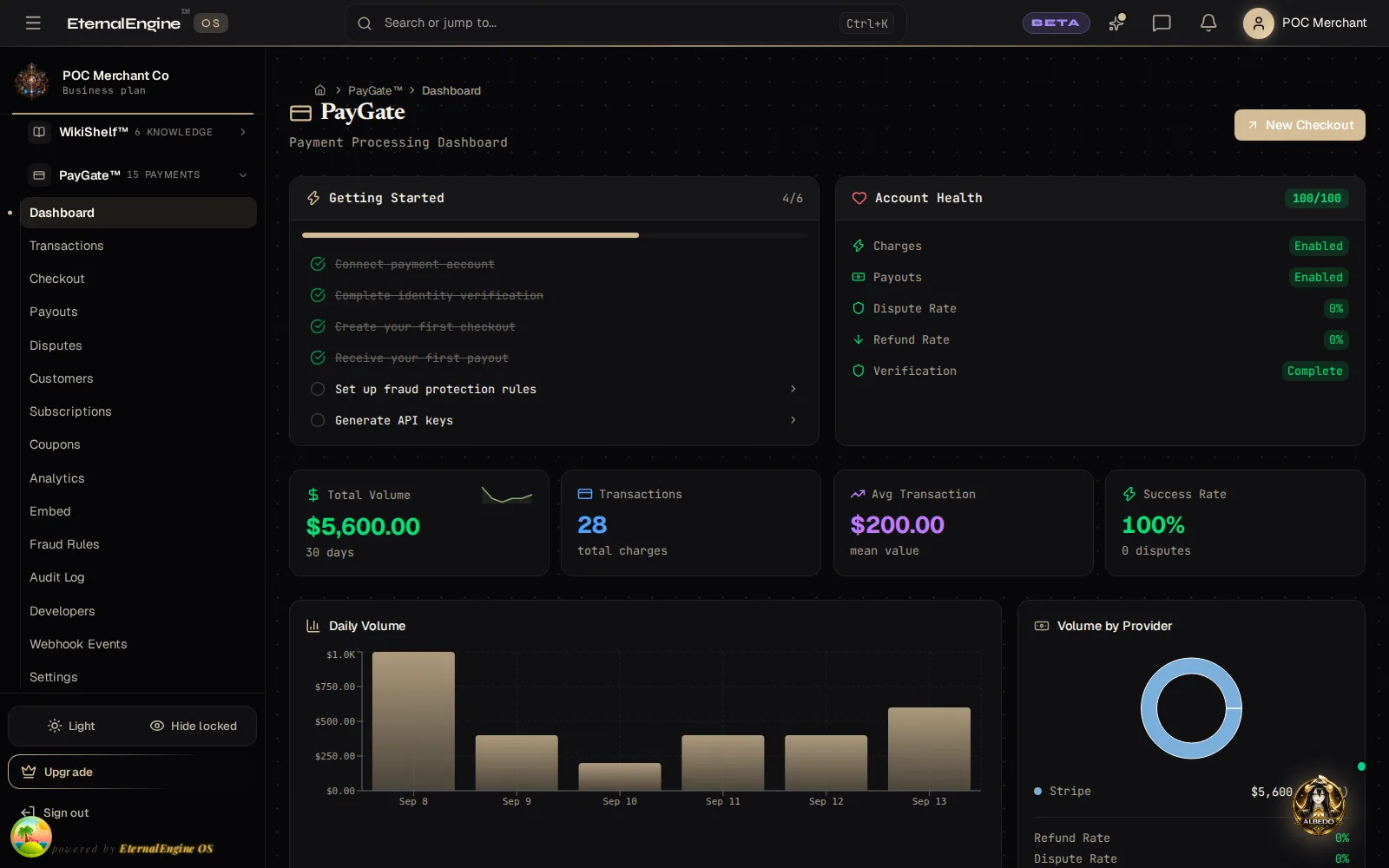 Payment dashboard with total volume, 28 transactions, success rate and daily volume chart