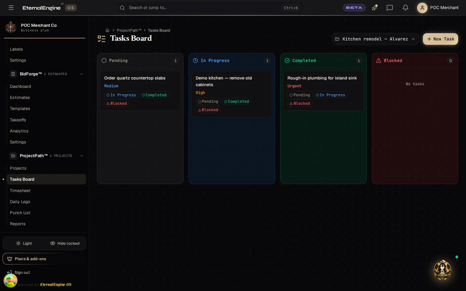 ProjectPath Kanban board with real tasks moving across Pending, In Progress, Completed and Blocked columns
