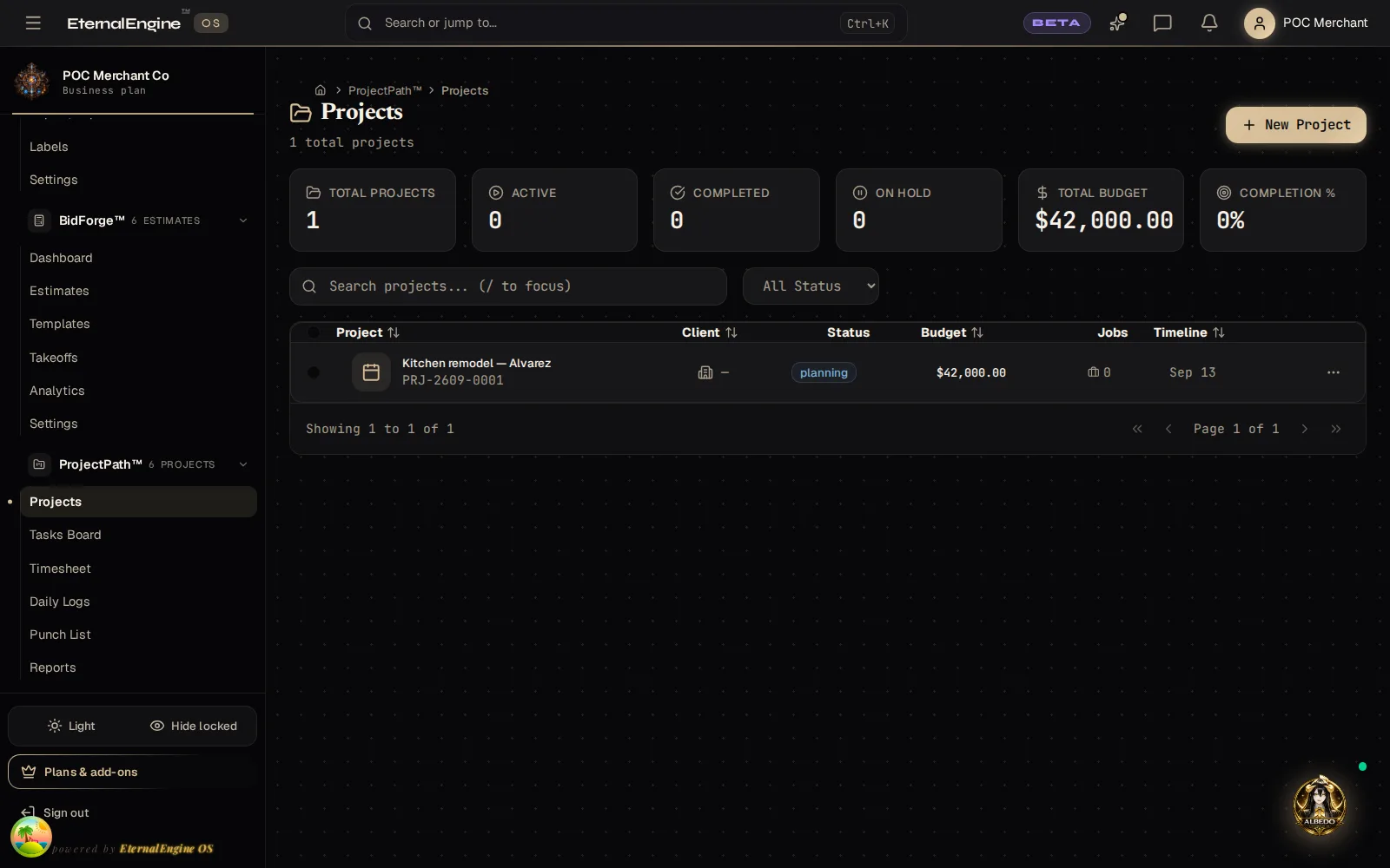 Project list with progress, milestones and assigned crews for each active job