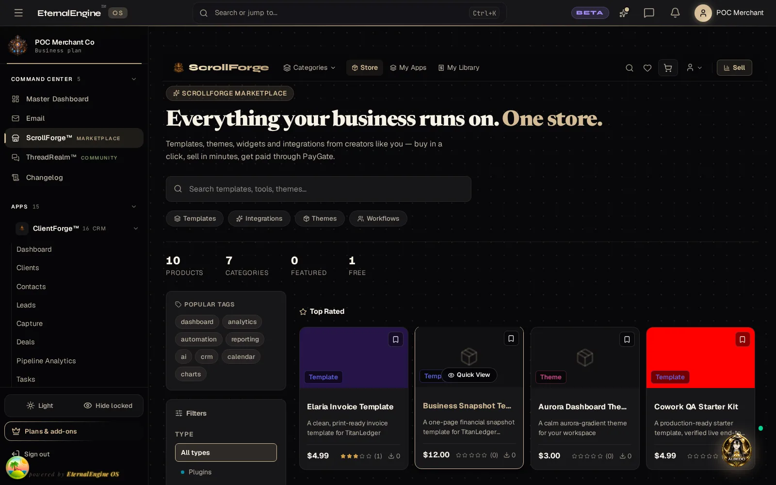 ScrollForge marketplace store with template, theme and integration listings, categories and ratings