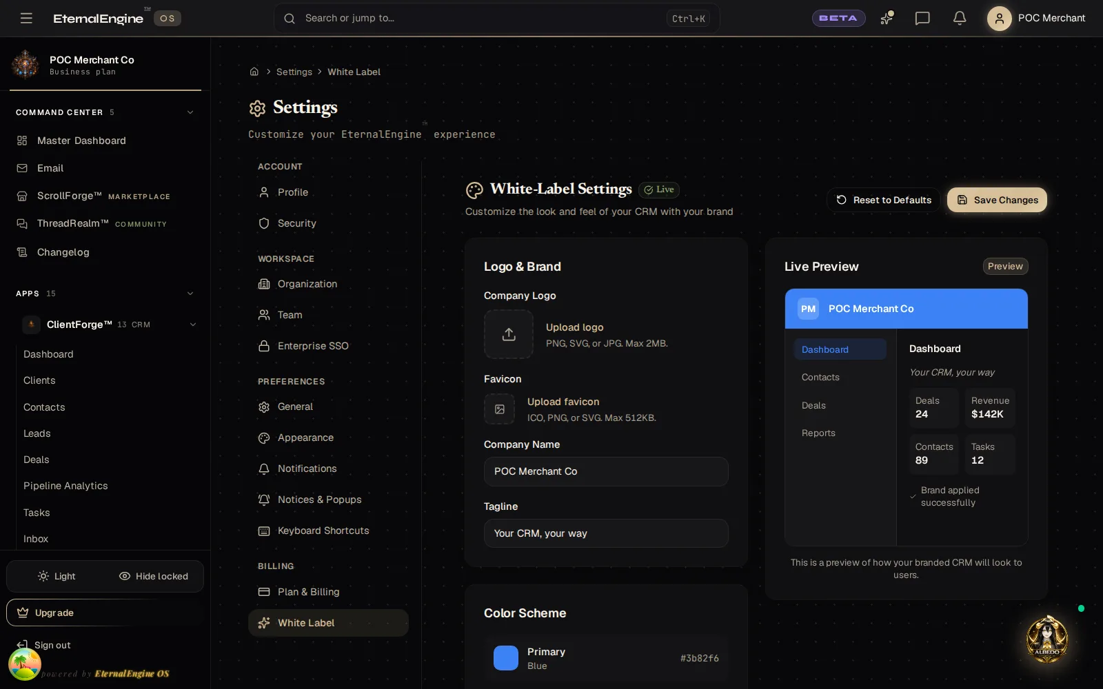 White-label settings with logo, colour scheme and a live branded preview