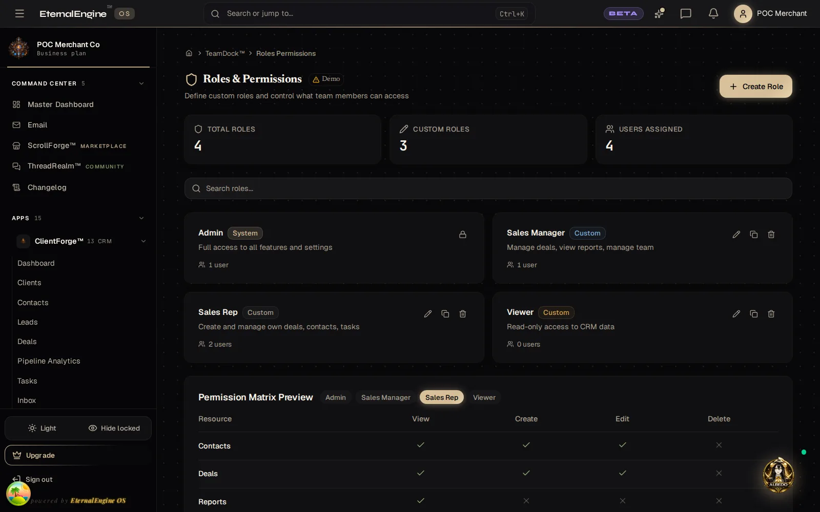 Roles and permissions page with admin, sales manager and custom role cards
