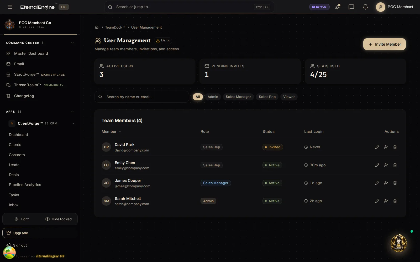 Team page listing four named members with roles, status and seats used