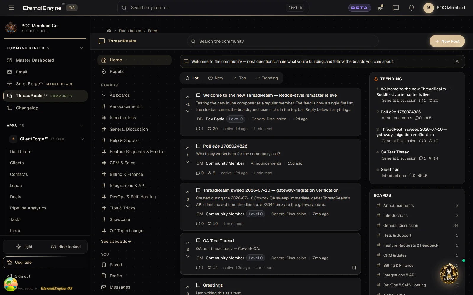 Community feed with member posts, replies and boards for a service business