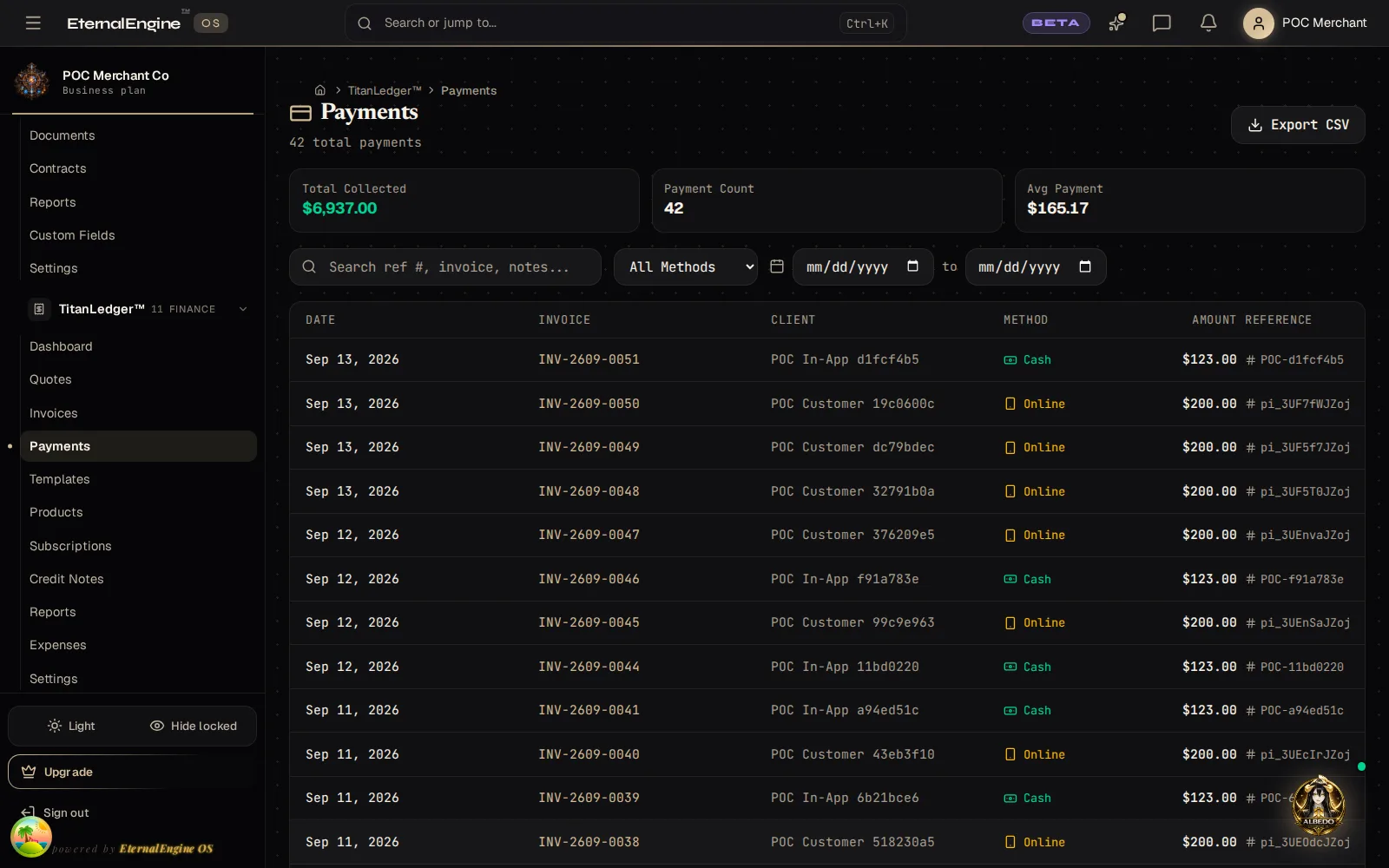 Payments list of 42 dated payments with invoice numbers and amounts